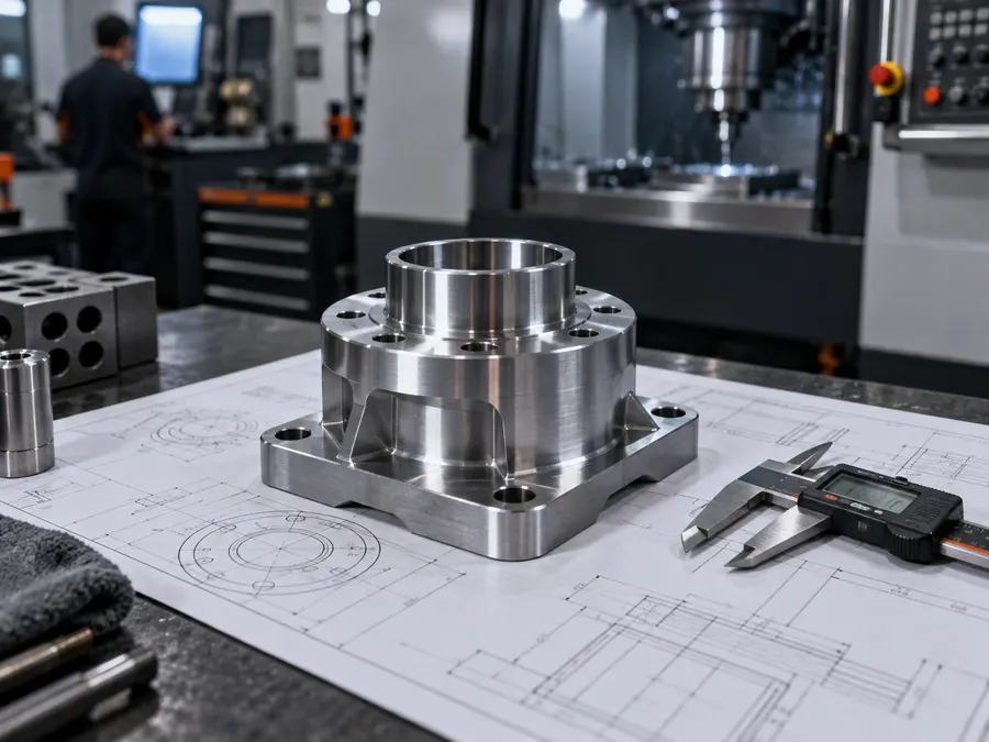Peça usinada posicionada sobre desenho técnico